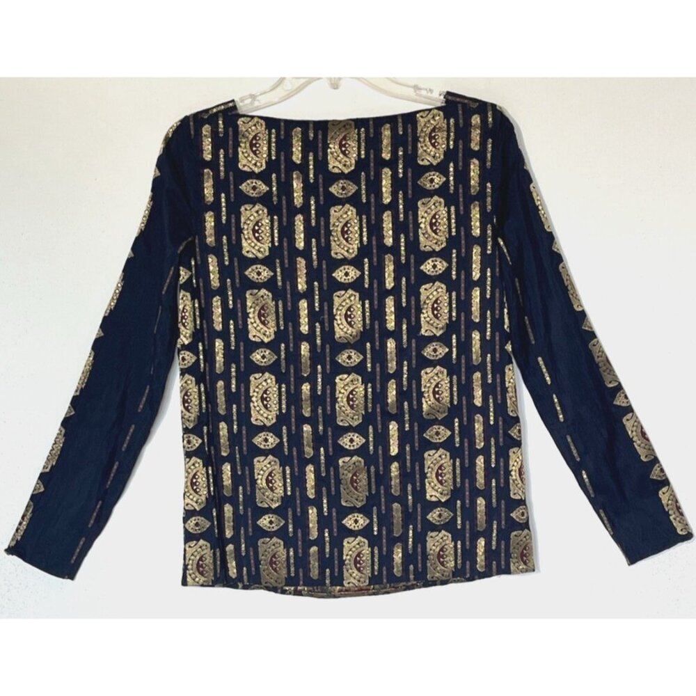Tory Burch Gold Navy Metallic Jacquard Blouse Tunic Top - Authentic! - Picture 4 of 11